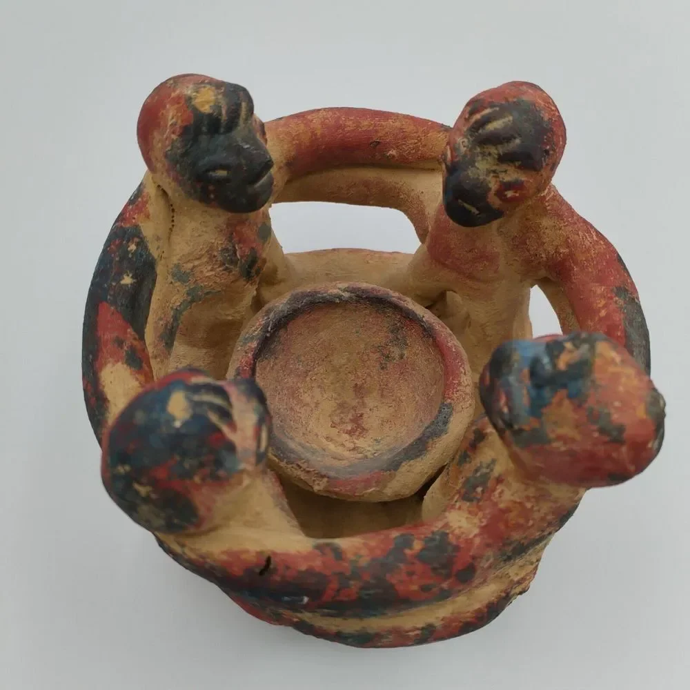 Pottery People Friends Holding Arms Circle Candle Holder Votive Tea Light Tribal